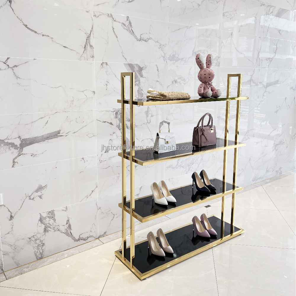 豪華なゴールドステンレス鋼4層ハイヒール靴ディスプレイラックスタンド棚洋服店棚用