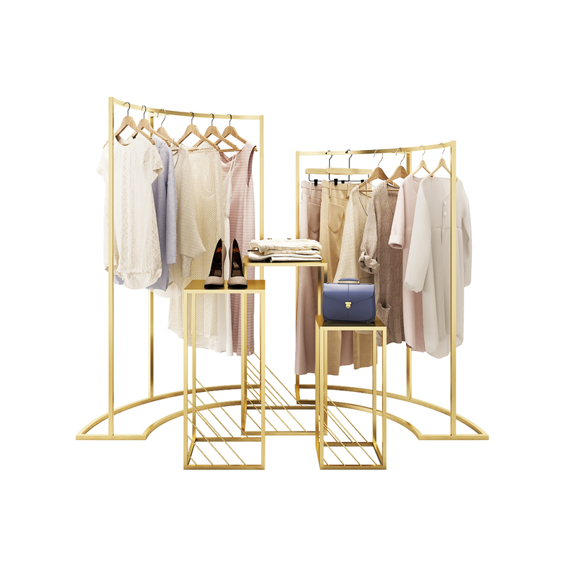 ゴールド衣類ラックアパレル小売ネスティングテーブル衣類棚衣服ディスプレイラック衣類店家具